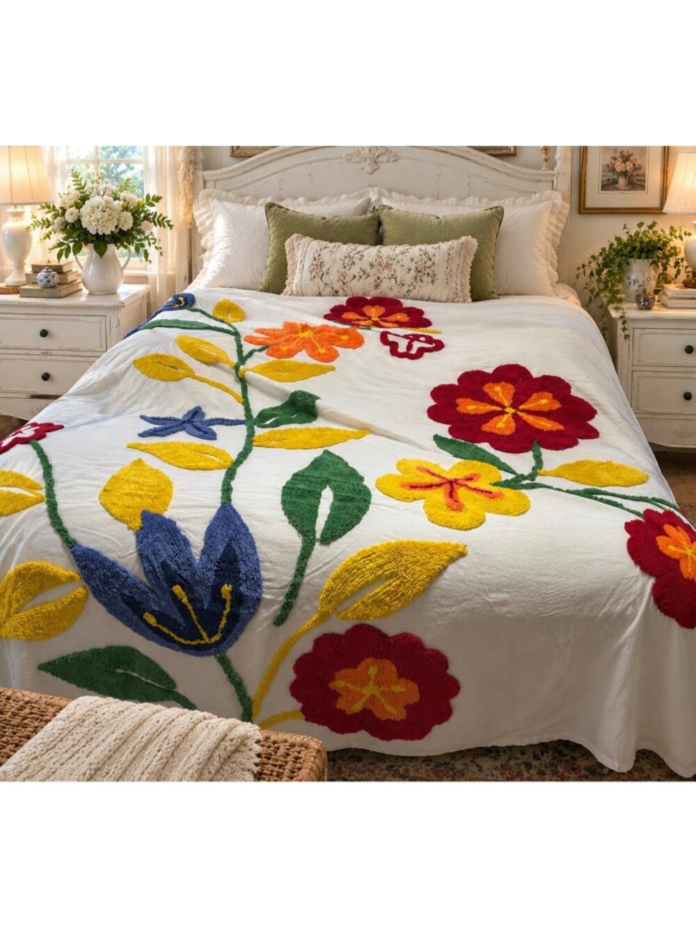 Vintage Cotton Queen Coverlet Tufted Embroidered Floral Bedspread Colorful Boho